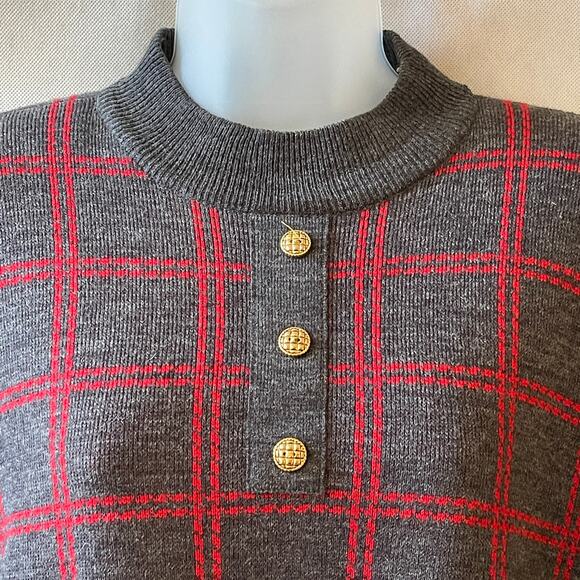 VINTAGE 80s ADOLFO Collectibles Mod Plaid Knit Tunic Top Size Med - Picture 2 of 5